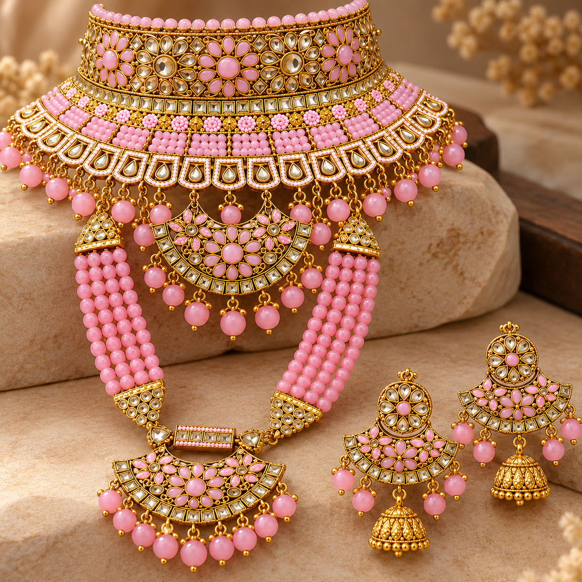 Close-up of pink floral stonework, scalloped choker border and fan-shaped pendant