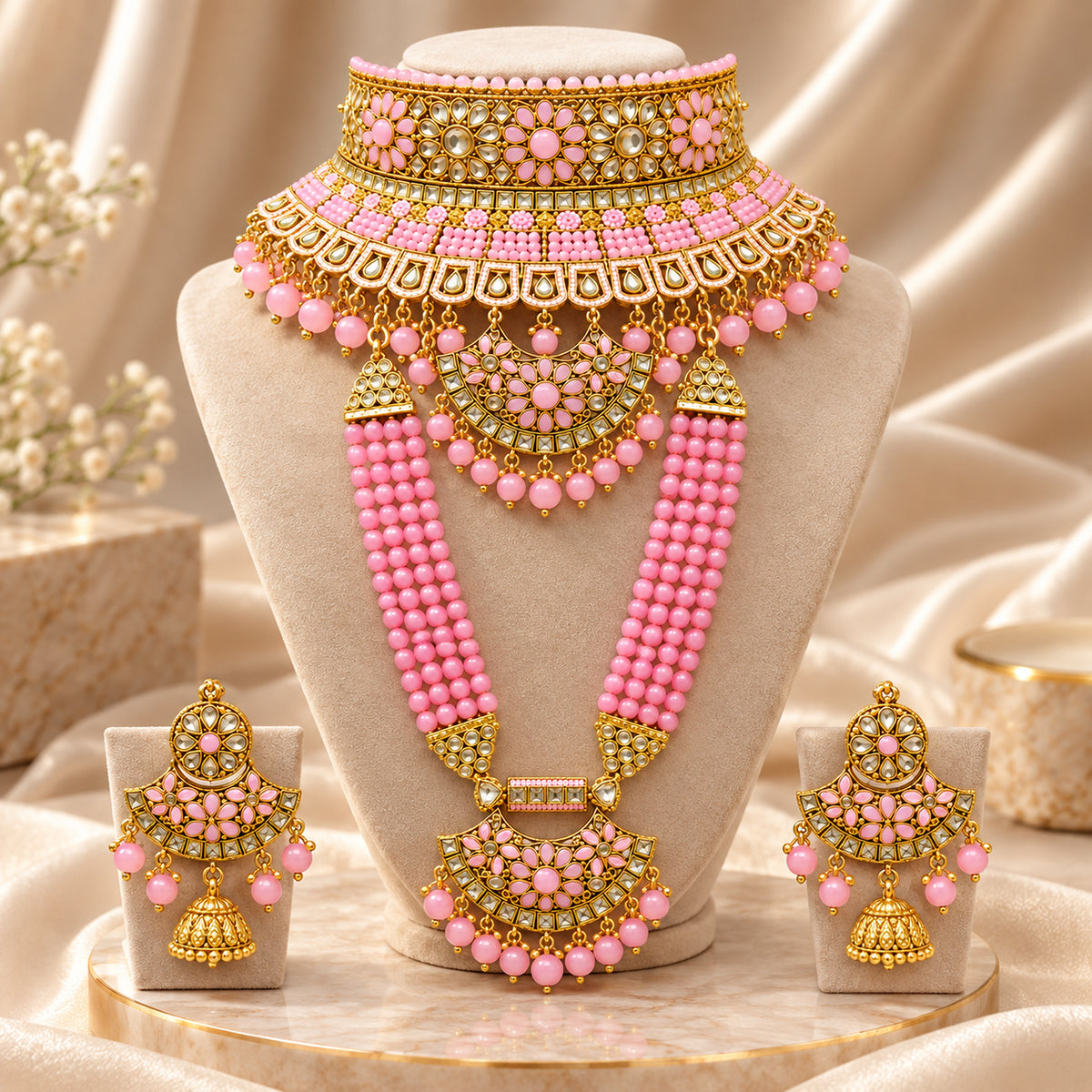 Rose pink beaded bridal set on a bust beside draped satin and flowers
