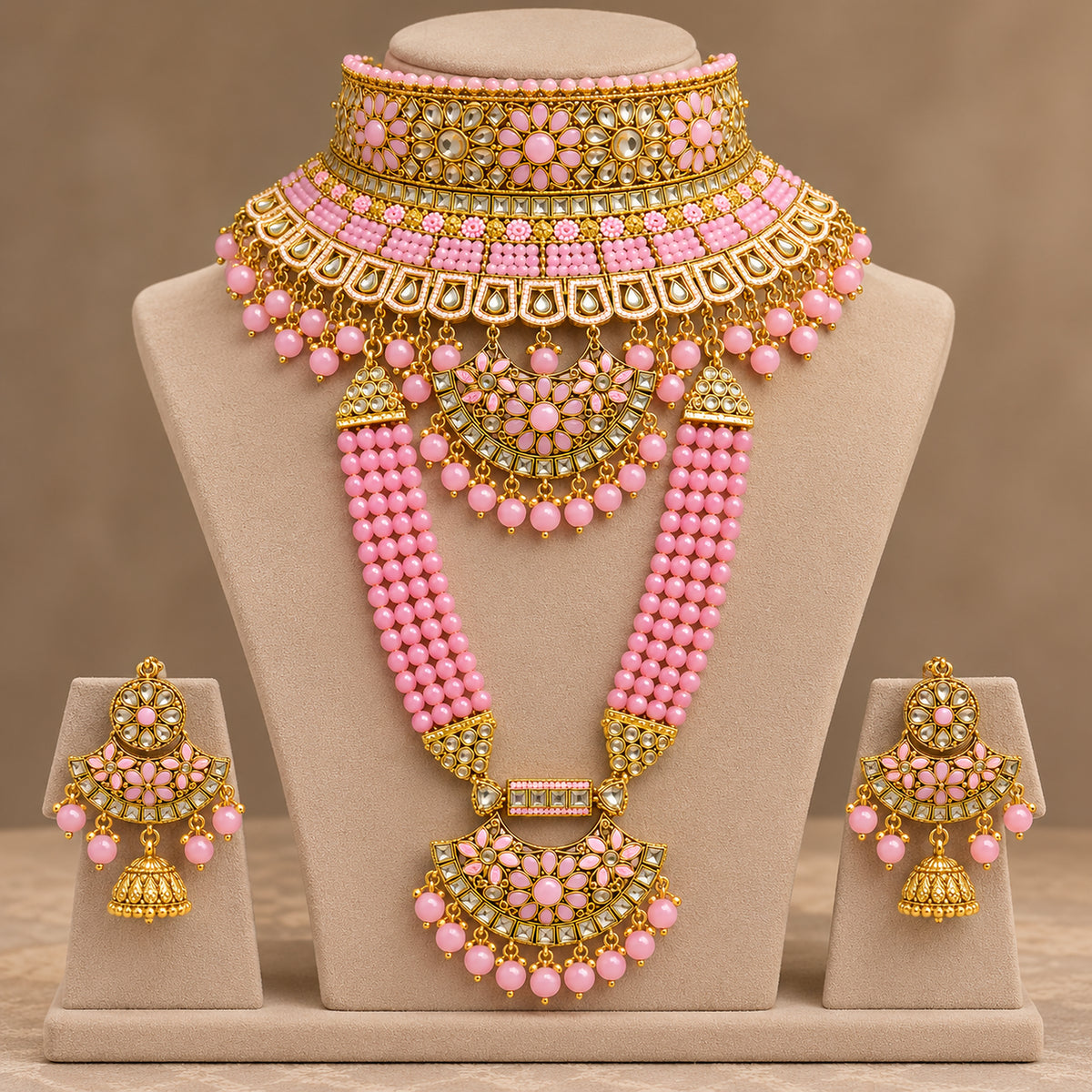 Alternate bust view of the rose pink choker, beaded long haar and earrings