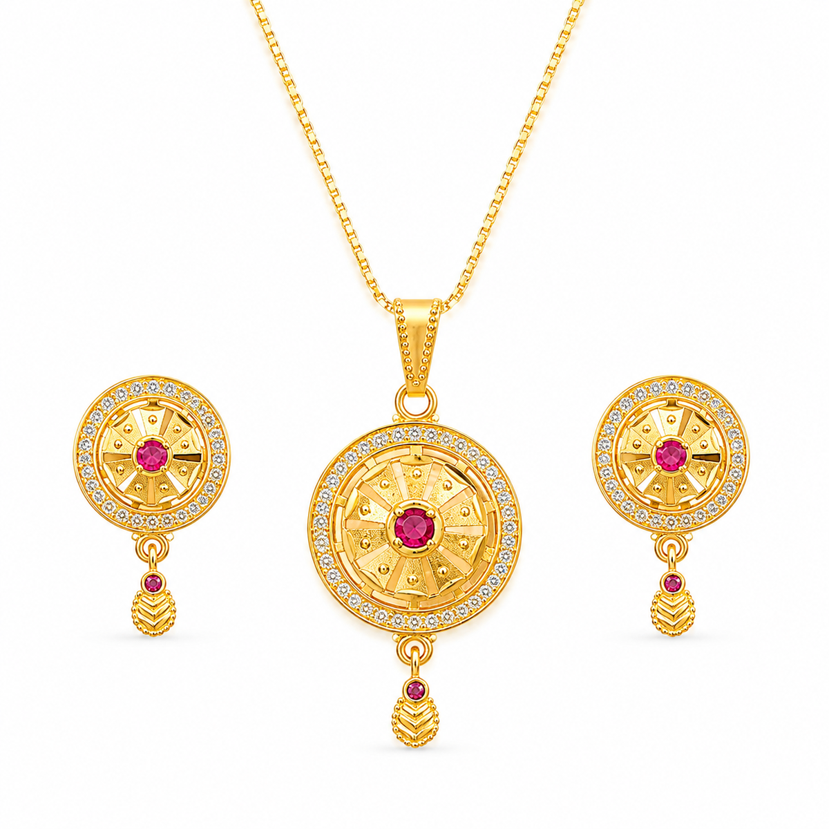 Pink sunburst pendant set with gold-tone chain and matching earrings on a white background