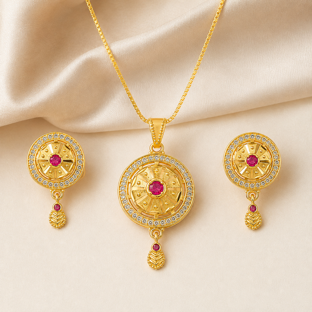 Round pink sunburst pendant and earrings arranged on ivory satin