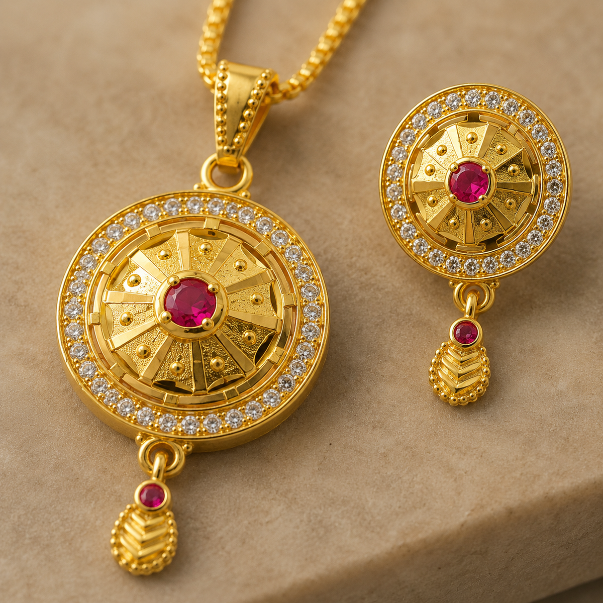 Close-up of pink-centred medallions, clear stone borders and leaf-style drops