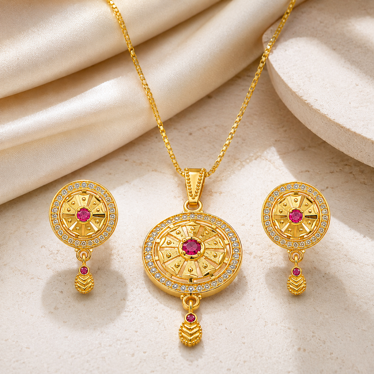 Gold-tone sunburst pendant and matching earrings on a pale stone surface