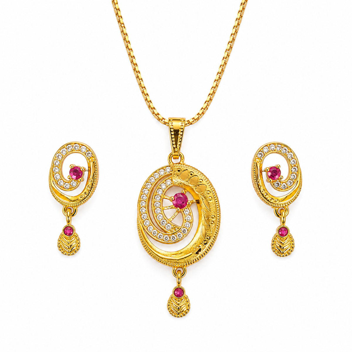 Ruby-Pink Oval Swirl Pendant Set in Micro Gold-Plated Brass with Chain & Earrings
