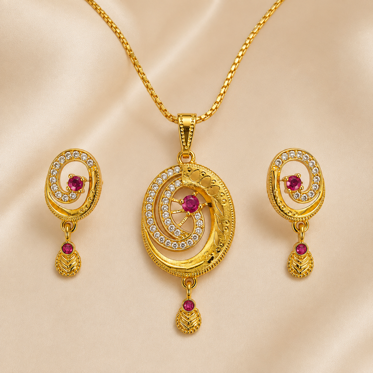 Pink swirl pendant necklace and earrings arranged on cream fabric