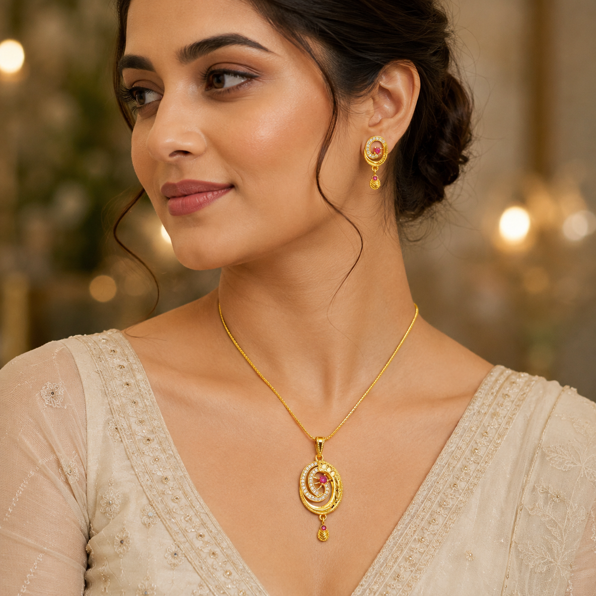 Woman wearing the pink oval swirl pendant and coordinated drop earrings