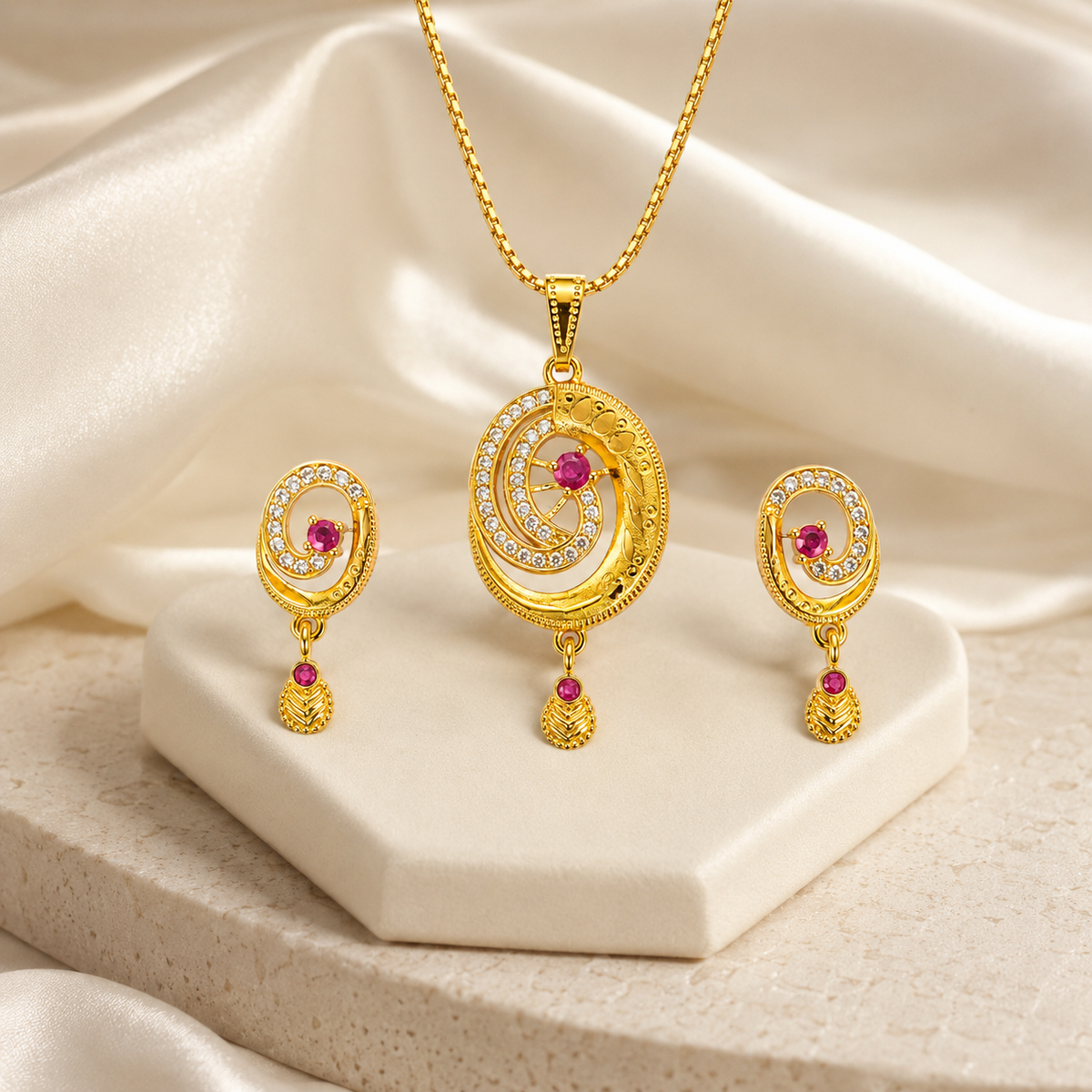 Oval pink swirl pendant set arranged beside cream display blocks