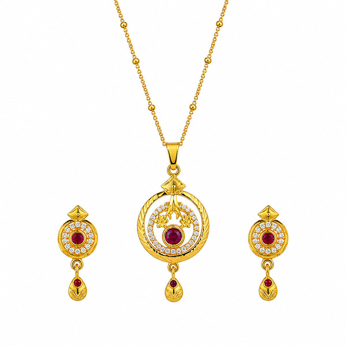 Ruby-Red Floral Round Pendant Set in Micro Gold-Plated Brass with Chain & Earrings