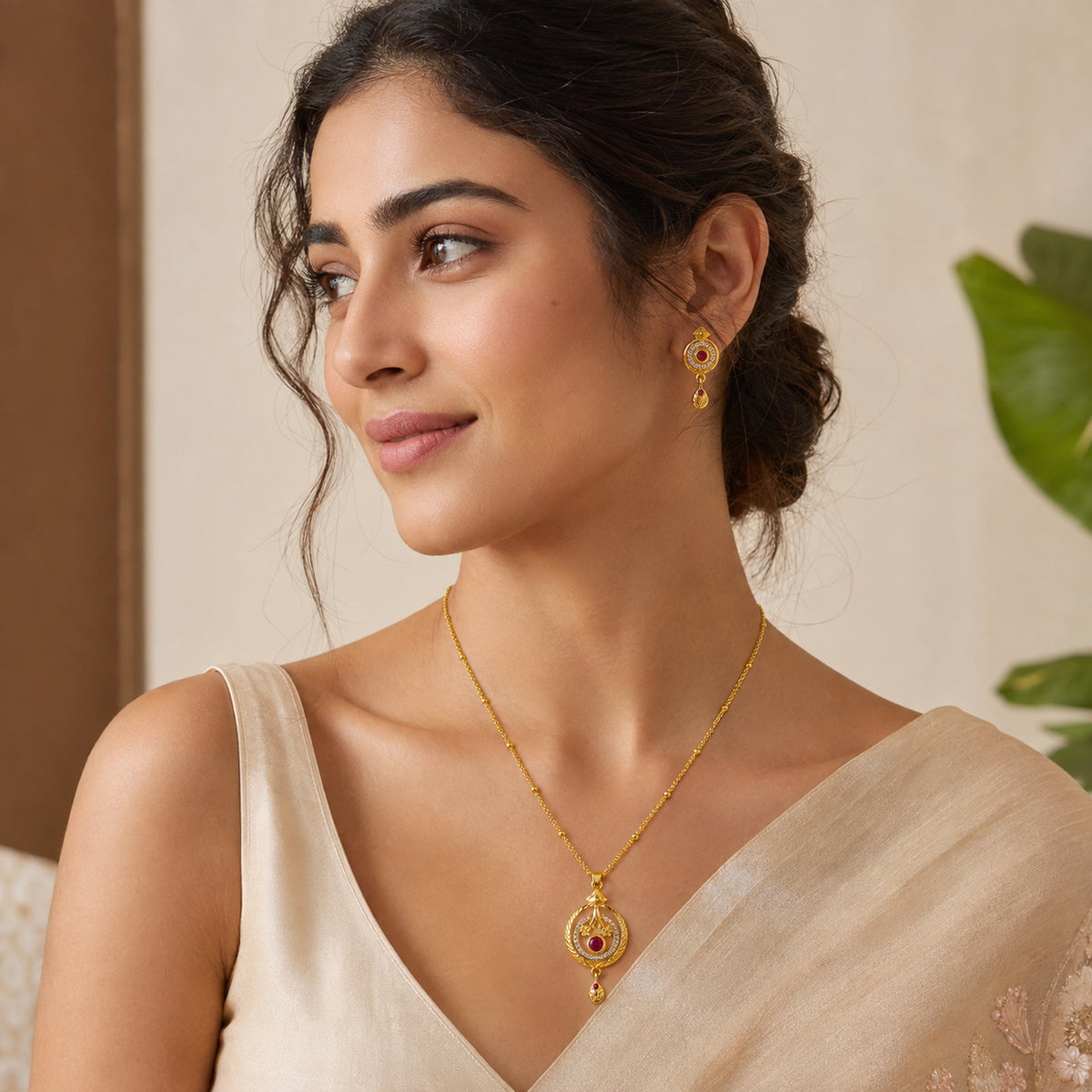 Woman wearing the ruby-red round pendant necklace and matching earrings