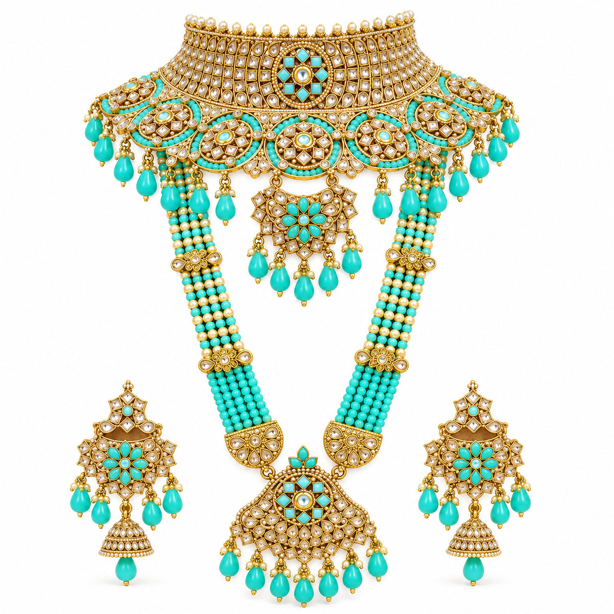 Turquoise floral bridal choker, multi-strand haar and jhumka earrings on white