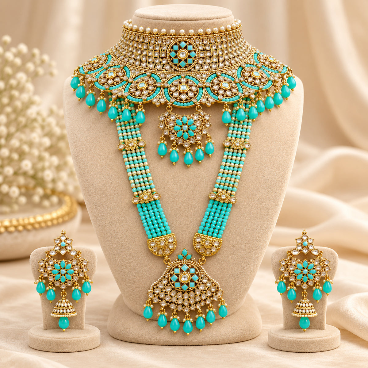 Turquoise floral choker and beaded long haar on a beige bust with matching earrings