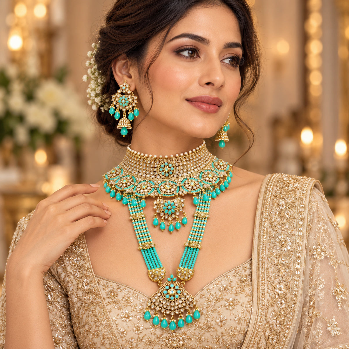 Model wearing the turquoise floral choker, multi-strand haar and jhumka earrings