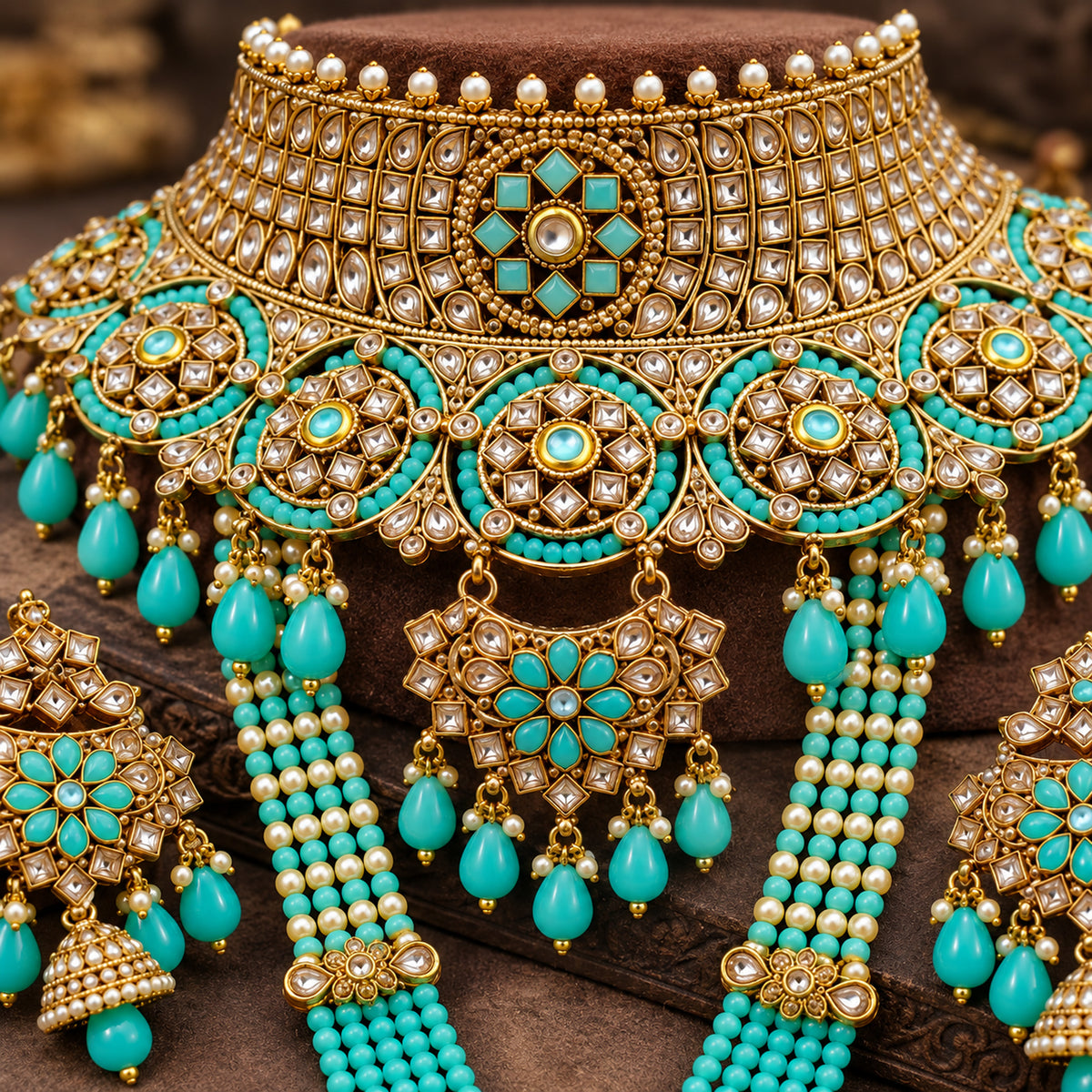 Close-up of turquoise floral motifs, clear choker stonework and hanging bead drops