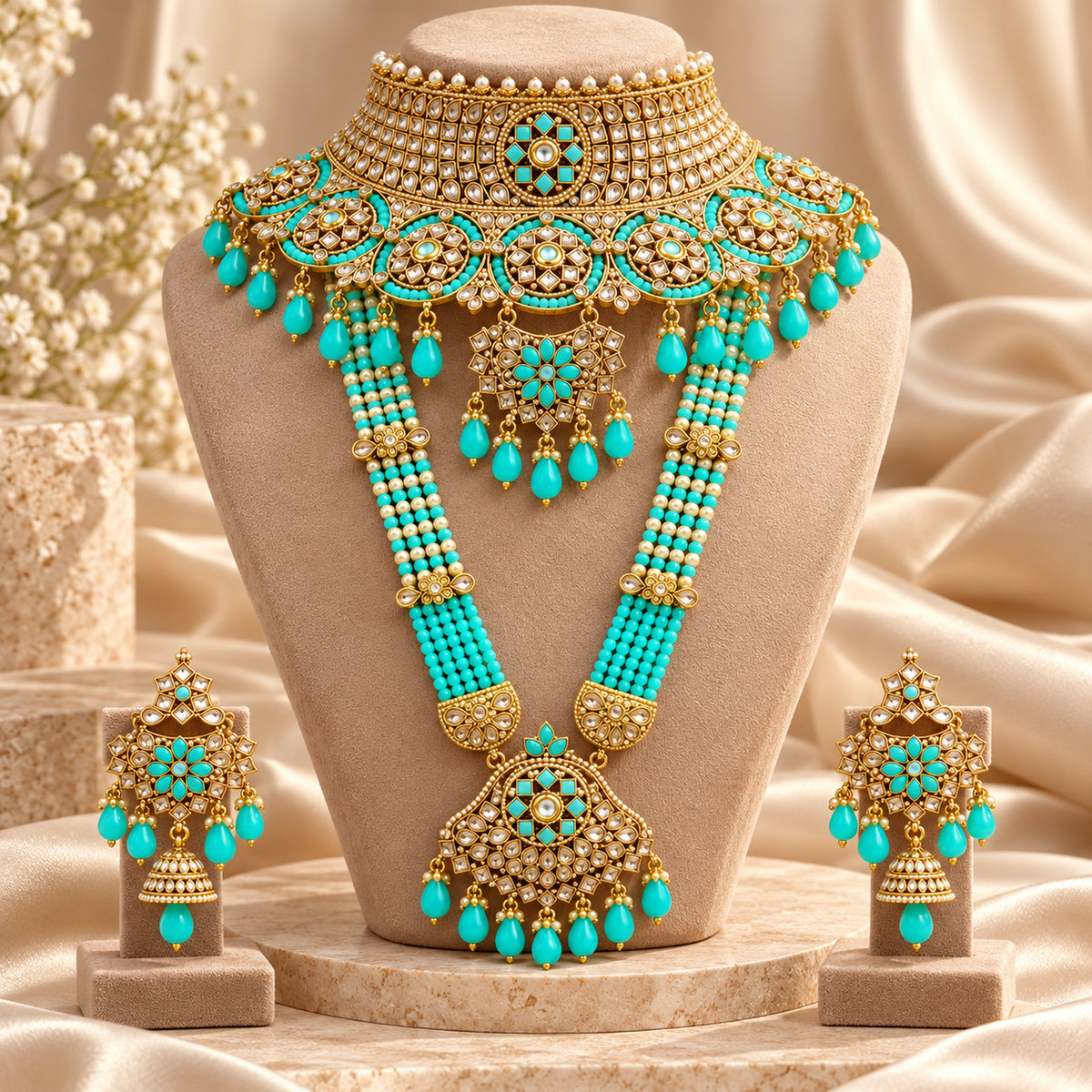Turquoise floral bridal set on a beige bust beside draped fabric and flowers