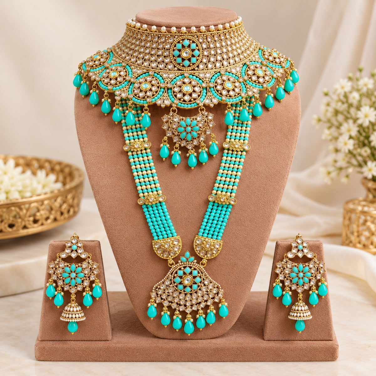 Alternate bust view of the turquoise choker, multi-strand haar and matching jhumkas