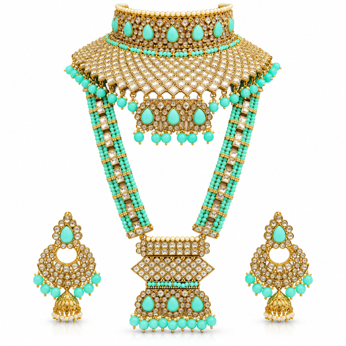 Turquoise Teardrop Lattice Kundan-Style Bridal Jewellery Set with Choker, Long Haar & Jhumkas