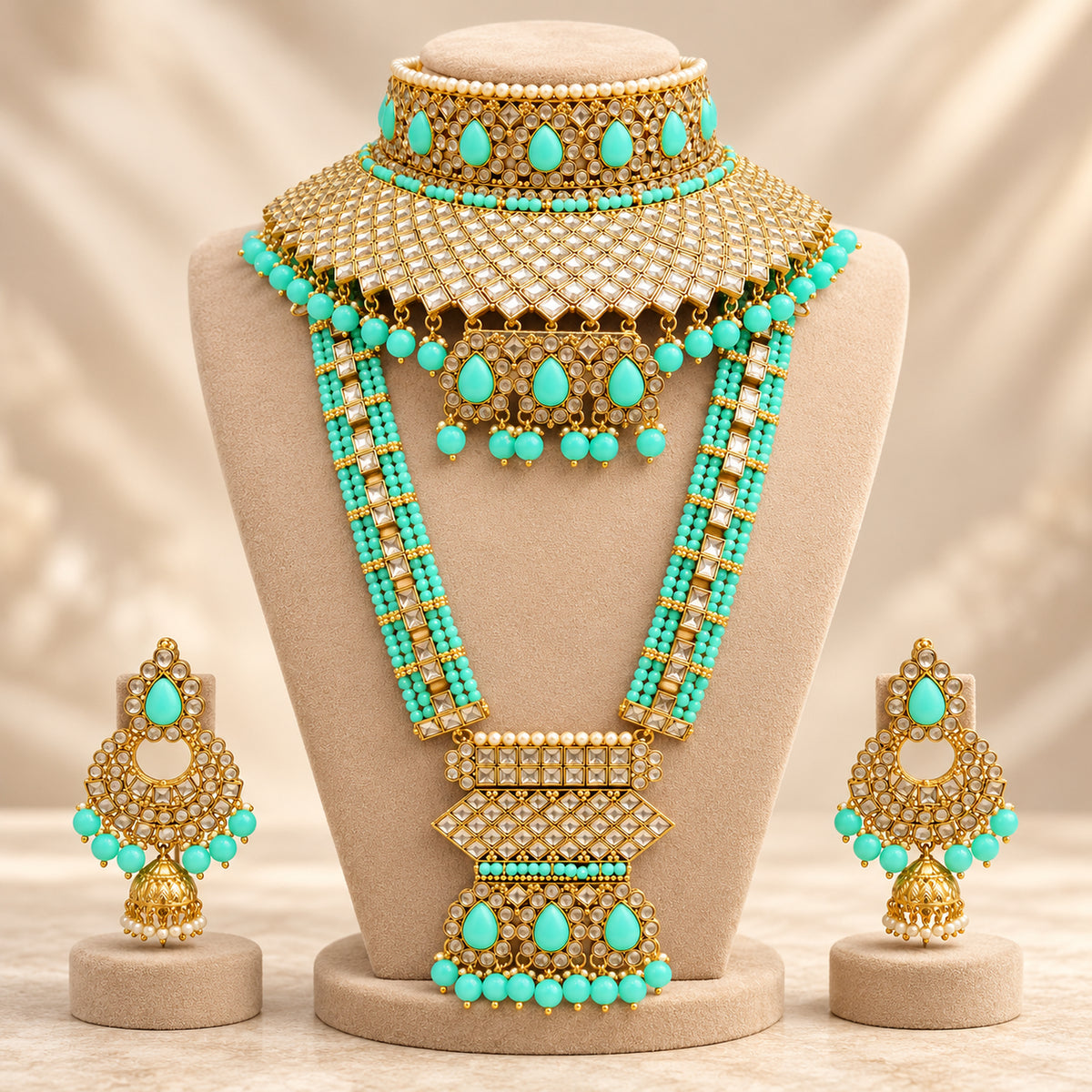 Turquoise lattice bridal set on a beige bust with matching jhumka earrings