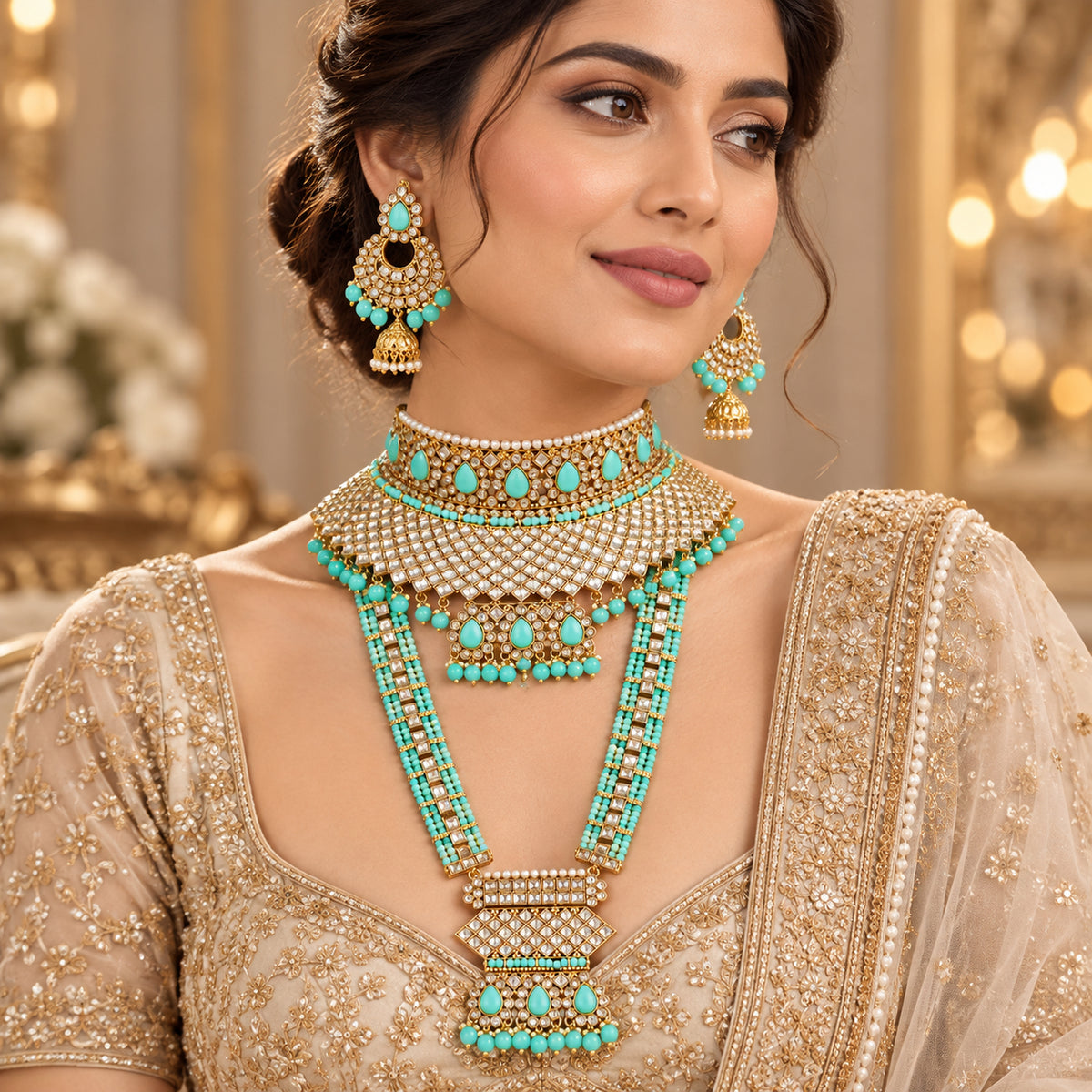 Model wearing the turquoise teardrop choker, geometric-pendant haar and earrings