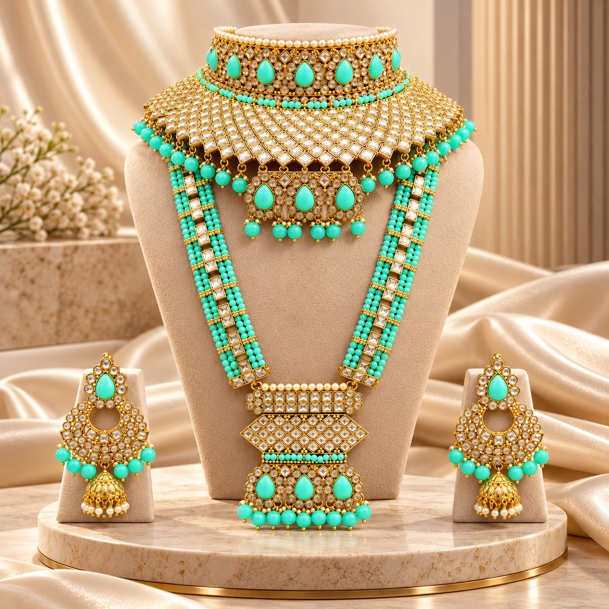 Turquoise lattice bridal set displayed on a beige bust with draped fabric and flowers