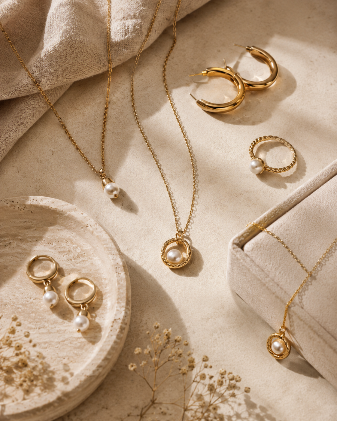 A styled flat-lay of gold jewelry with pearl accents, including necklaces, hoop earrings, and rings, arranged on a neutral beige fabric background with a textured tray and jewelry box.