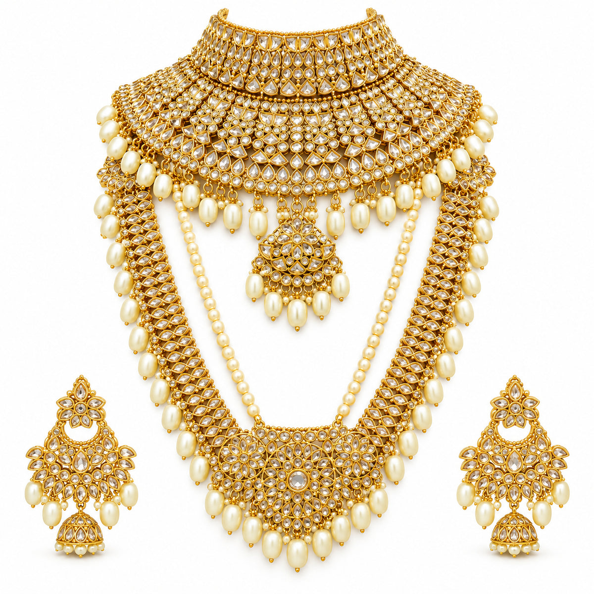 White stone bridal jewellery set with pearl-style drops, broad choker, long haar and jhumkas on white