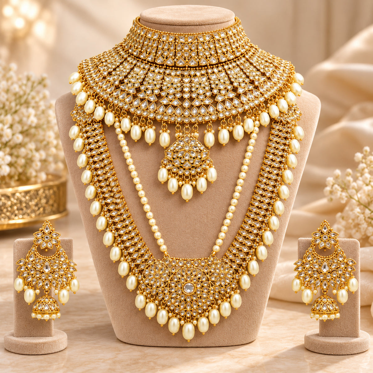 White stone choker and long haar displayed with pearl-style drop earrings