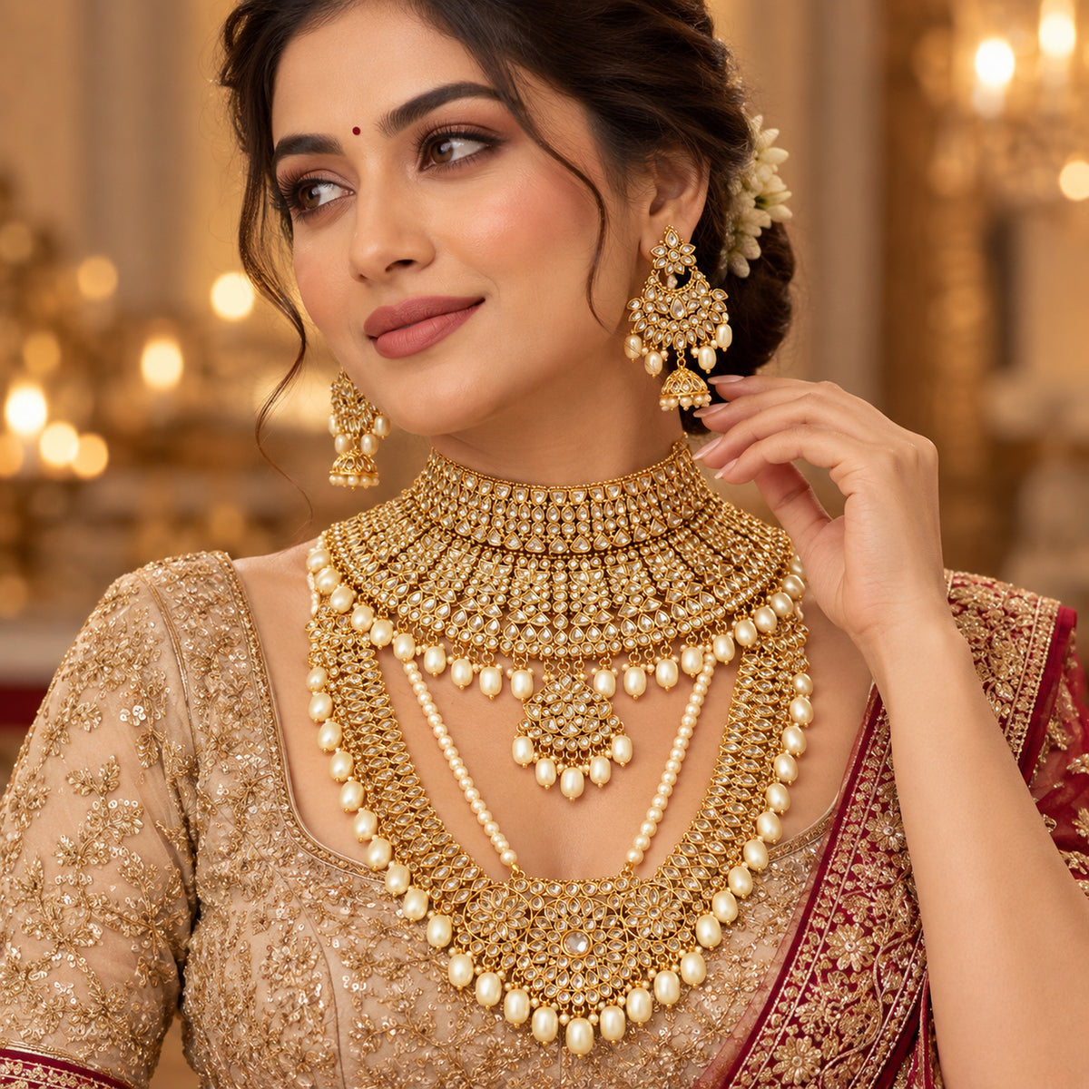Woman wearing the white stone bridal choker, layered haar and matching earrings