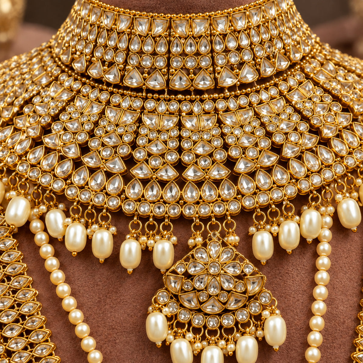 Close-up of clear stonework and ivory pearl-style drops on the broad choker