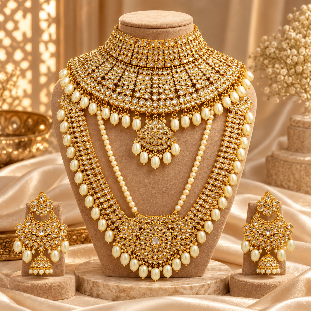 White stone and pearl-style bridal necklace set displayed with matching earrings
