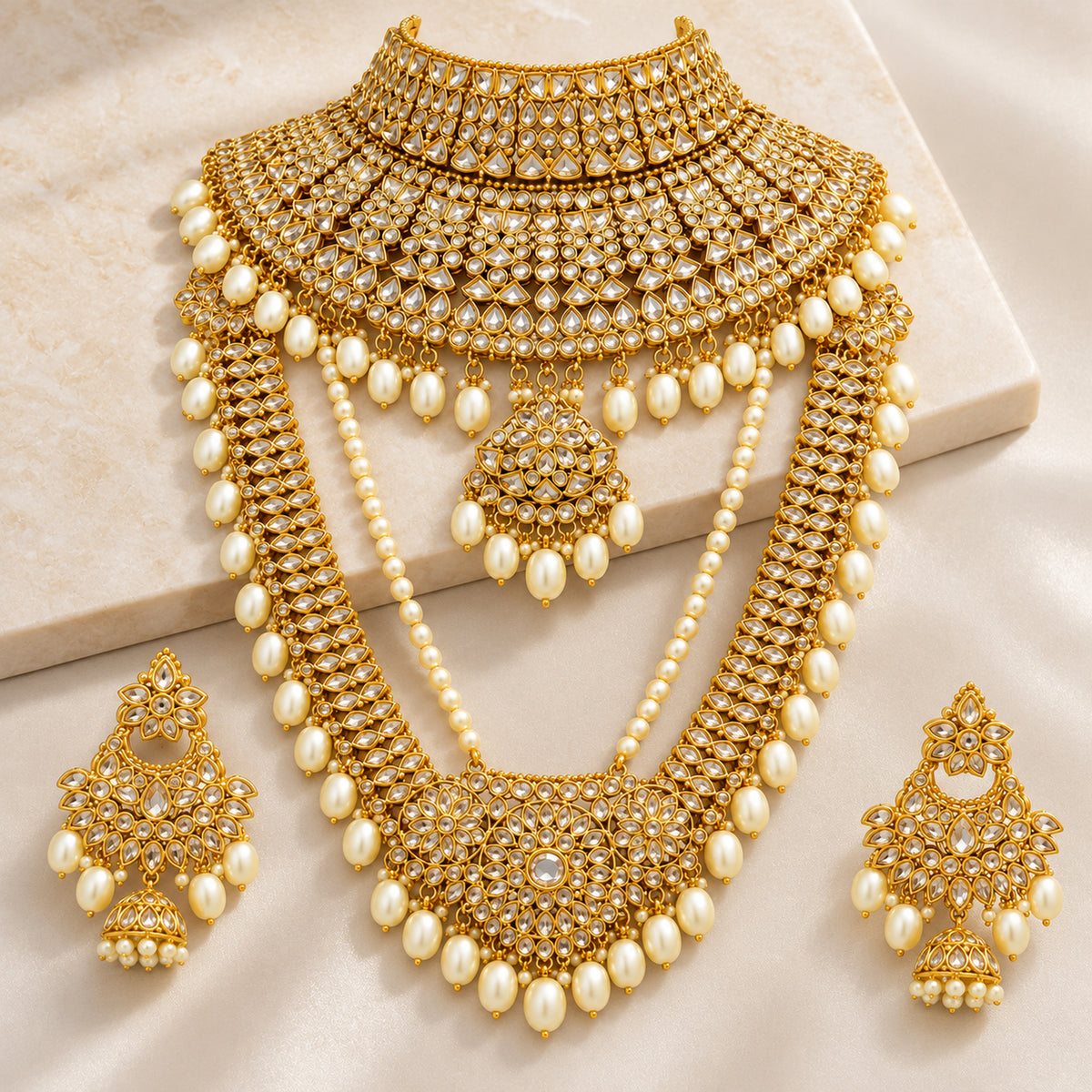 Gold-tone bridal choker, long haar and earrings arranged on cream fabric