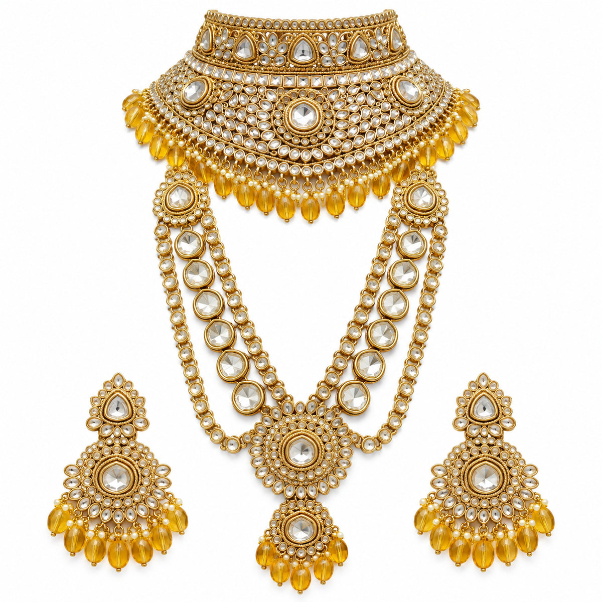 White Stone & Amber Bead Kundan-Style Bridal Jewellery Set with Choker, Long Haar & Earrings