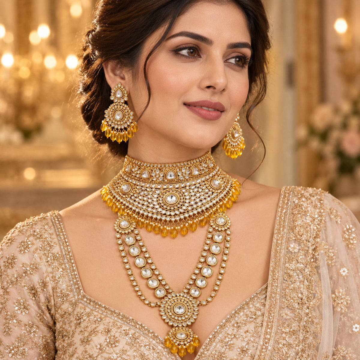 Woman wearing the white stone bridal set with amber-yellow bead edging