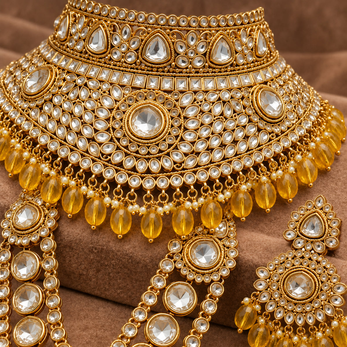 Close-up of white stonework and translucent amber-yellow drops on the choker