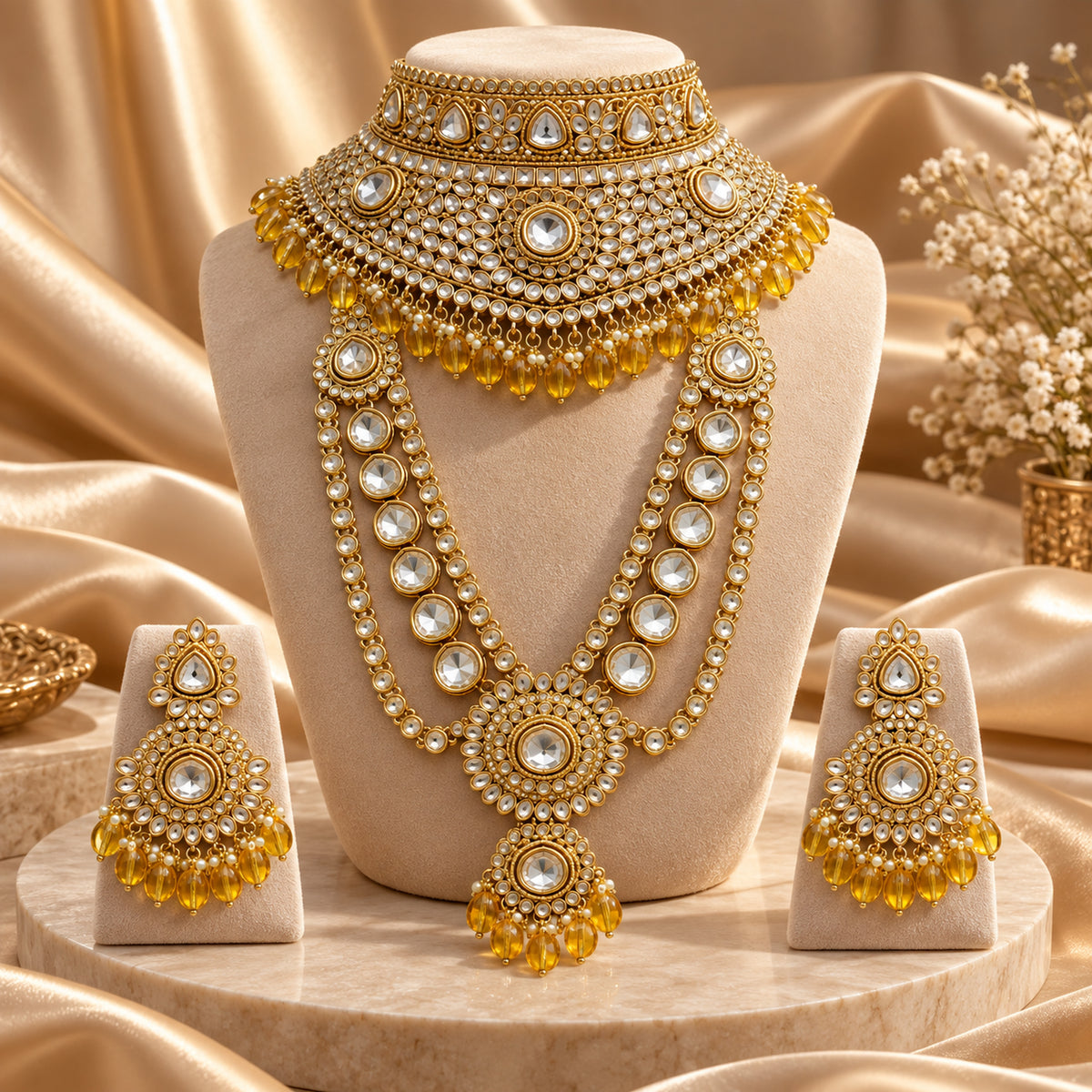 White stone bridal necklace set with amber-yellow drops displayed on a bust