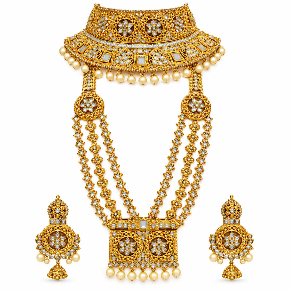 White floral medallion Kundan-style bridal set with choker, rectangular-pendant haar and jhumkas on white