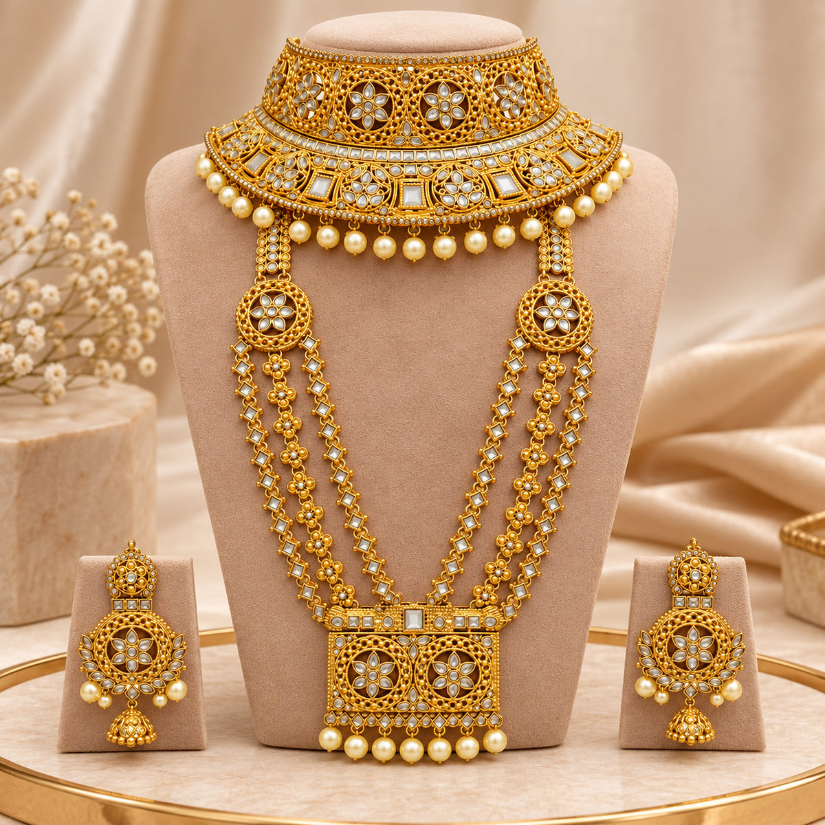 White stone medallion choker and layered haar with ivory pearl-style drops on a beige bust