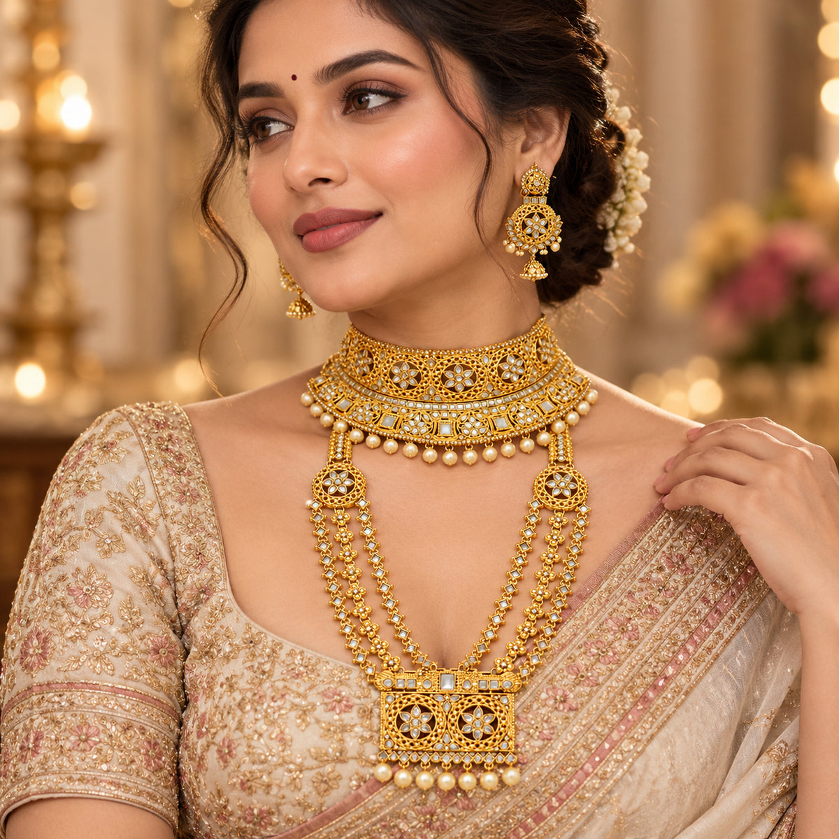 Model in an ivory saree wearing the medallion choker, layered-chain haar and jhumka earrings