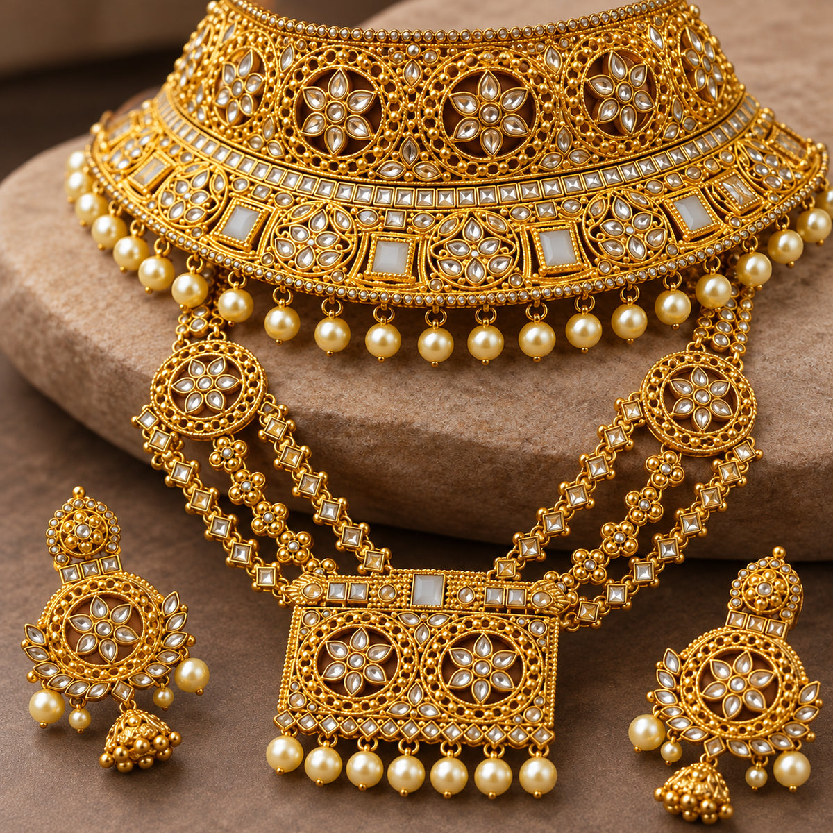 Close-up of floral medallions, square clear stones and ivory pearl-style drops on the choker
