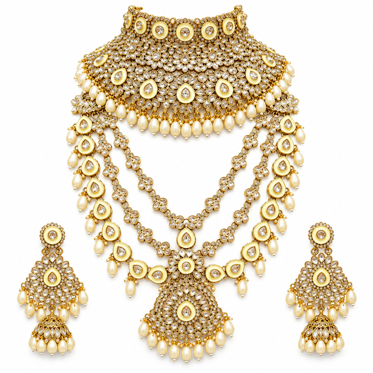 White floral bridal choker, layered long haar and jhumkas with ivory pearl-style drops on white