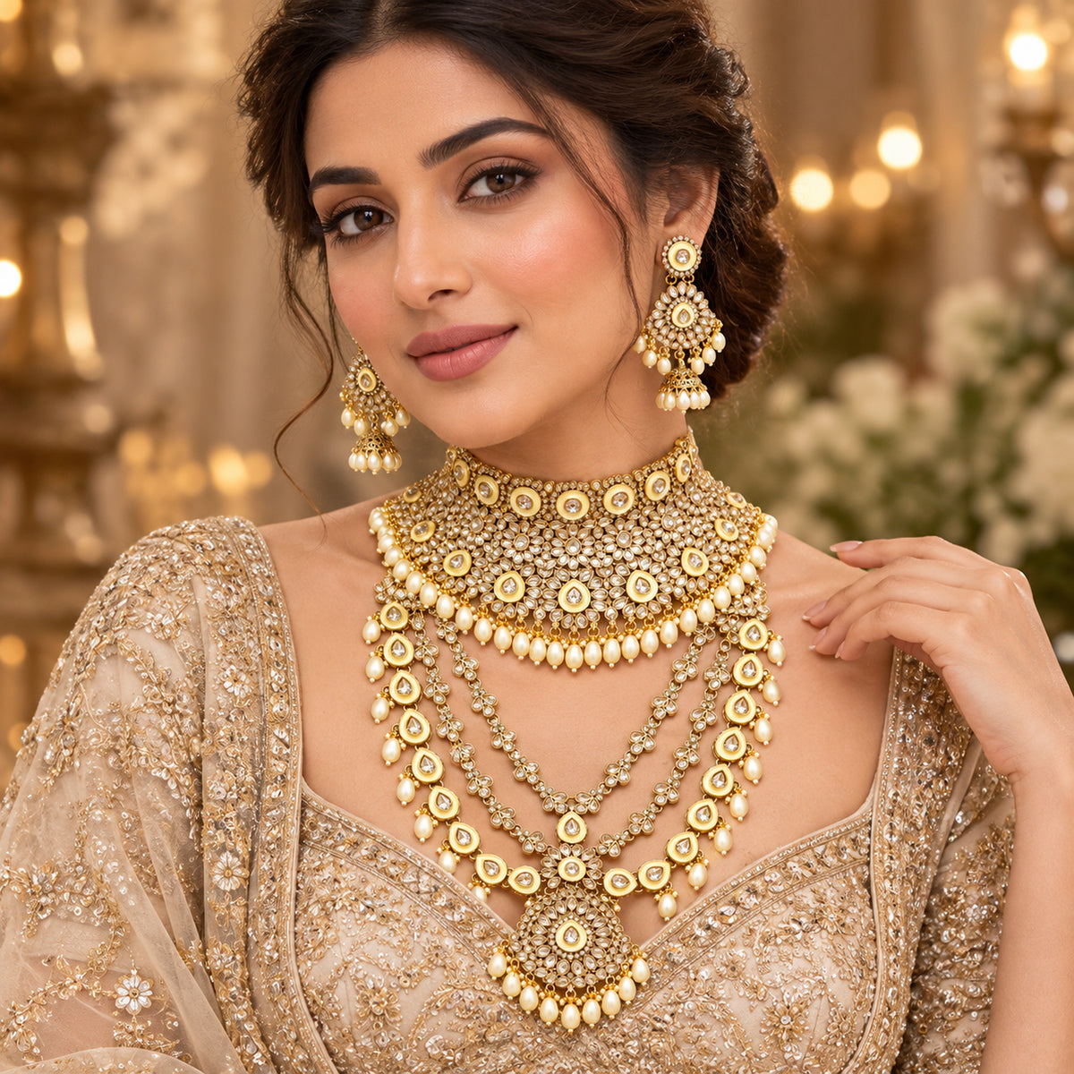 Model wearing the white floral choker, layered haar and pearl-style drop earrings