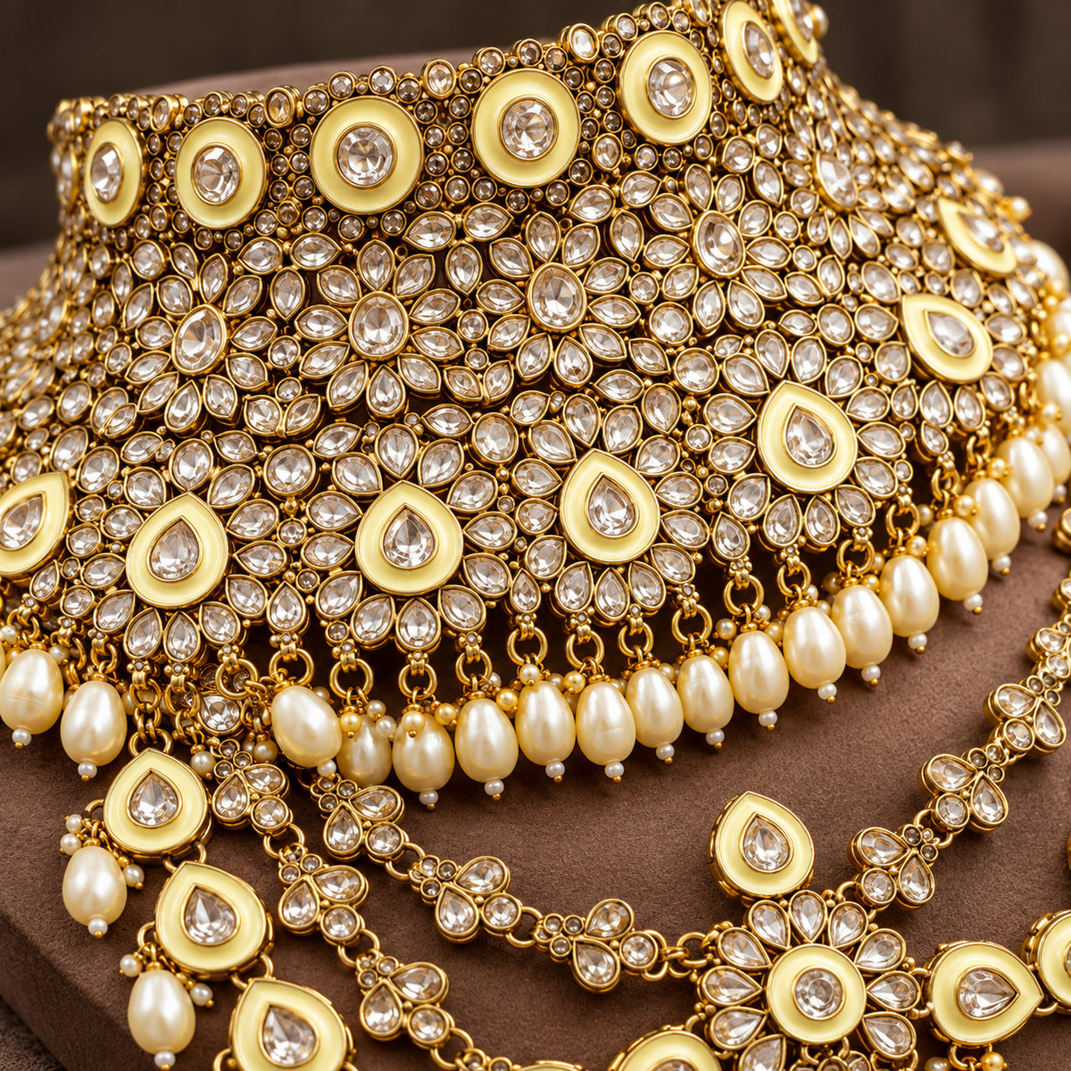 Close-up of clear floral stonework, teardrop motifs and ivory pearl-style choker drops