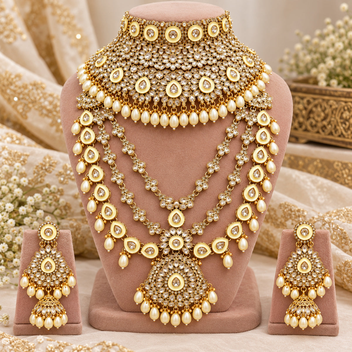 Alternate display of the white stone choker, layered haar and earrings with ivory edging